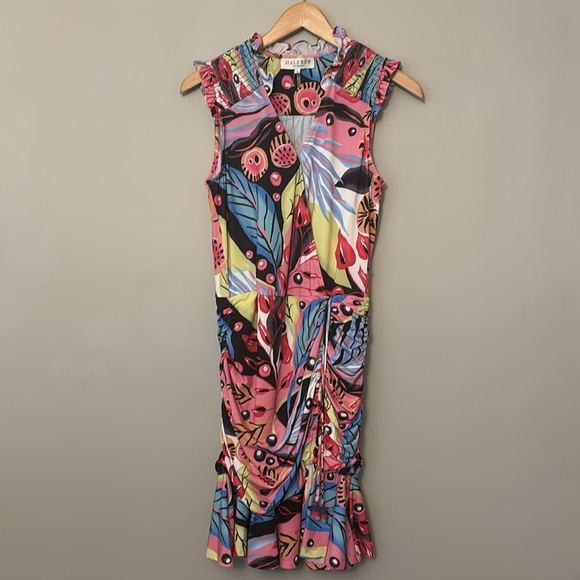 Hale Bob Wrap Dress Size S Colorful Floral Leaf Print Tassels Cap Sleeve Summer - Picture 2 of 10